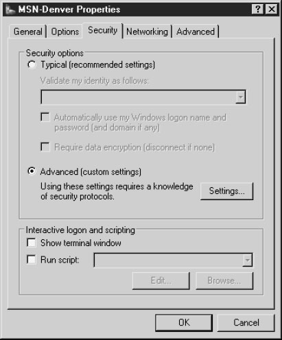 Кнопка выбора Advanced (custom Settings) во вкладке Security для данного соединения