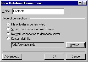 FrontPage может создать соединение с источником данных ODBC или напрямую с сервером или с указанным вами файлом