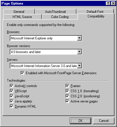 Ваши настройки совместимости могут привести к отключению функций FrontPage