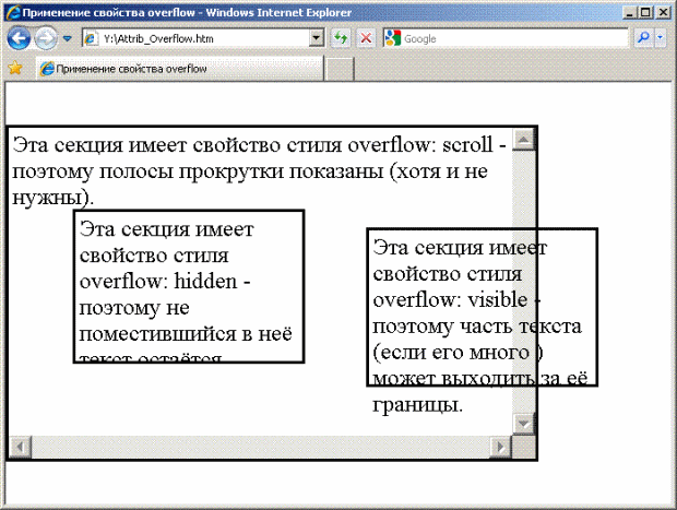 Задание позиции, размера и поведения при переполнении блоков