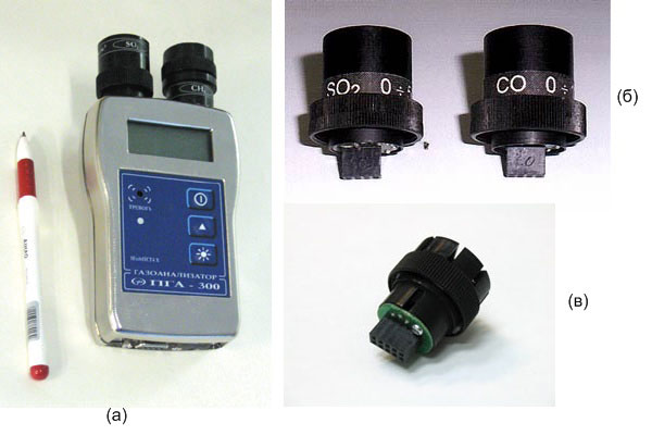Персональный газоанализатор ПГА-300: а) общий вид; б) электрохимические газовые датчики;  в) термокаталитический датчик