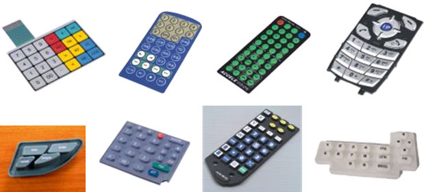 Образцы пленочных (верхний ряд) и силиконовых (нижний ряд) клавиатур. Их форма, размеры, дизайн могут быть заданы заказчиком
