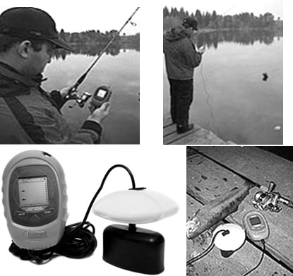 Портативный рыбопоисковый эхолот JJ-CONNECT Fisherman 140. Вверху - эхолот в действии во время рыбалки с берега, внизу - общий вид составных частей эхолота