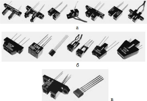 Внешний вид некоторых ИК сенсоров на фототранзисторах: а – работающих "на просвет"; б – "на отражение";  в – ИК сенсоров-энкодеров