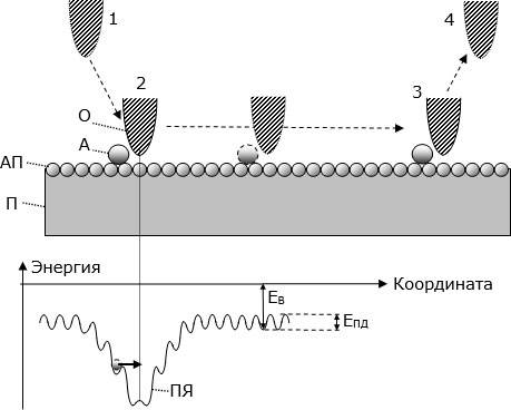 Схема передвижения атома вдоль поверхности образца. Снизу – зависимость потенциальной энергии атома от координаты в присутствии зонда