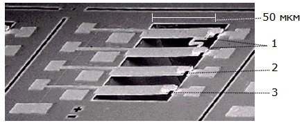 Микрофотография группы исполнительных реле одной из МЭМС на кремнии: 1 – спаренное термореле для стабилизации температуры; 2, 3 – отдельные релейные пары с электростатическим управлением