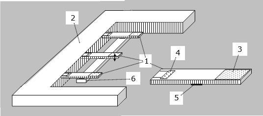 Конструкция из трех кремниевых нанокантилеверов, на которых формируются вибрационные наносенсоры: 1 – кантилеверы; 2 – основа из кремния; 3 – чувствительная зона; 4 – пьезорезистор; 5 – пленочный металлический электрод, 6 – электрод для возбуждения и поддержания упругих механических колебаний