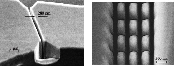 Изображения в растровом электронном микроскопе отдельной микропроточной канавки с входным отверстием (слева) и системы ортогональных канавок для разделения пробы (справа)