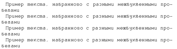 Первая строка имеет нормальный интервал между символами, а последующие – компенсацию промежутка на +1, +2 и +3%