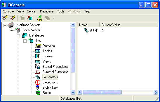 Раздел "Generators" базы данных