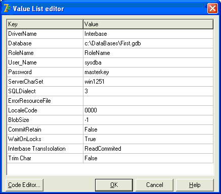 Окно параметров SQLConnection