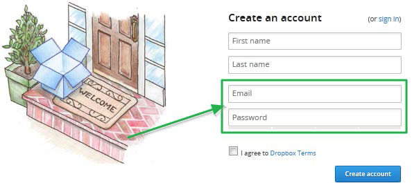 Страница регистрации в сервисе "Dropbox"