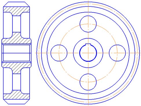 Чертеж зубчатого колеса с осевыми линиями