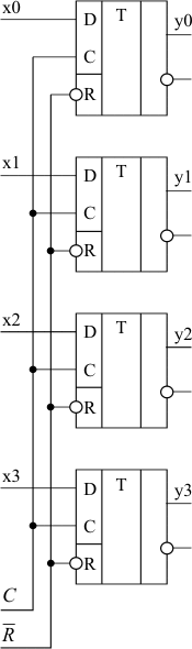 Структура четырехразрядного регистра хранения с асинхронным входом установки в "0"