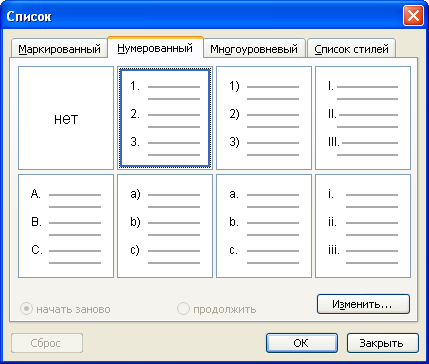 Выбор вида нумерованного списка во вкладке "Нумерованный" диалогового окна "Список"