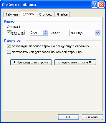 Изменение высоты строки во вкладке "Строка" диалогового окна "Свойства таблицы"