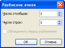 Выбор числа столбцов и строк, на которое разделяется ячейка, в диалоговом окне "Разбиение ячеек"