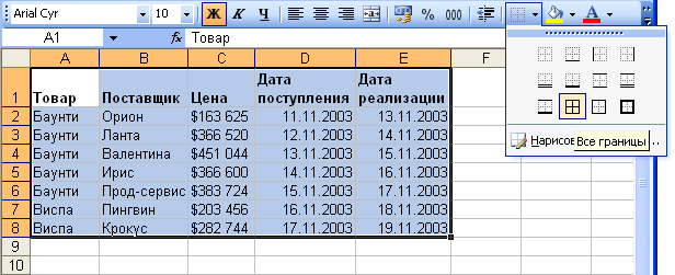 Установка границ с использованием кнопки "Границы" панели инструментов "Форматирование"