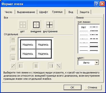 Установка границ во вкладке "Граница" диалогового окна "Формат ячеек"