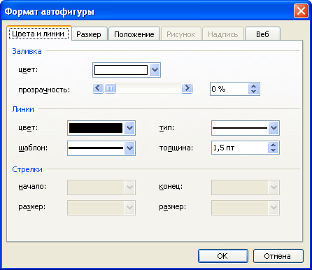 Настройка параметров автофигуры во вкладке "Цвета и линии" диалогового окна "Формат автофигуры"