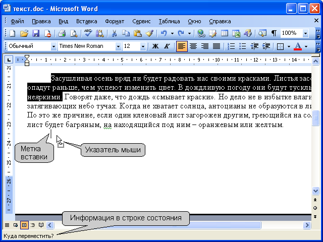 Перемещение фрагмента документа перетаскиванием