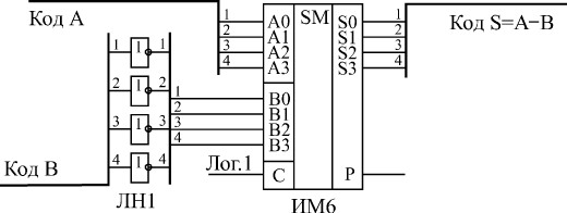 4-х разрядный вычитатель на сумматоре ИМ6 и инверторах ЛН1