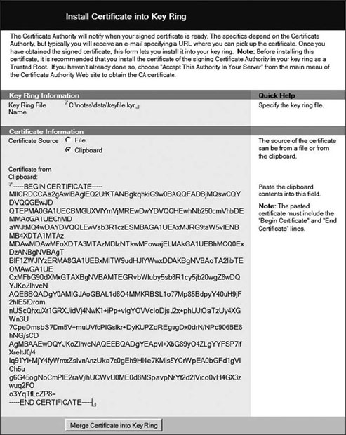 Форма Install Certificate into Key Ring (Установка сертификата в кольцо для ключей)