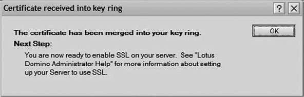 Окно сообщения Certificate Received into Key Ring (Сертификат добавлен в кольцо для ключей)