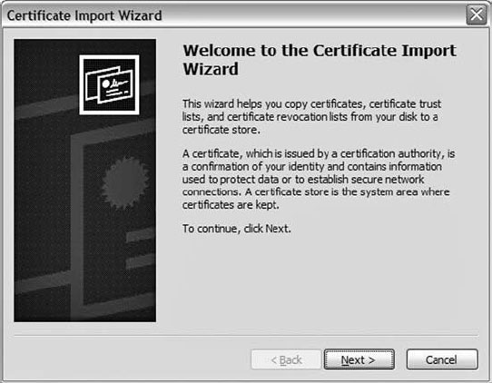Диалоговое окно Welcome to the Certificate Import Wizard (Добро пожаловать в мастер импортирования сертификатов)