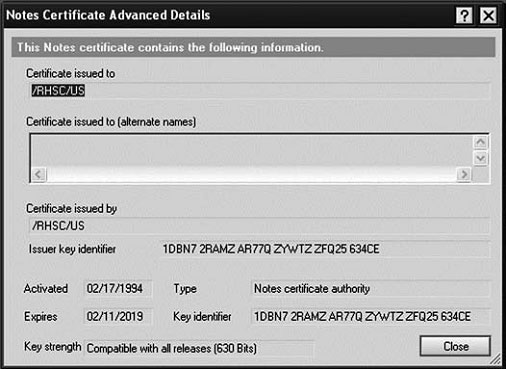 Notes Certificate Advanced Details (Дополнительная информация о сертификате Notes)