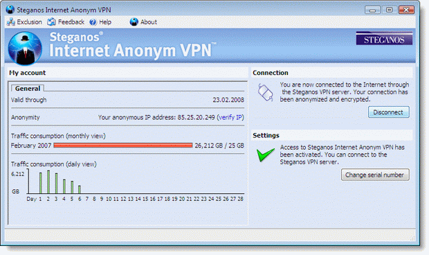 Интерфейс программы Steganos Internet Anonym VPN.