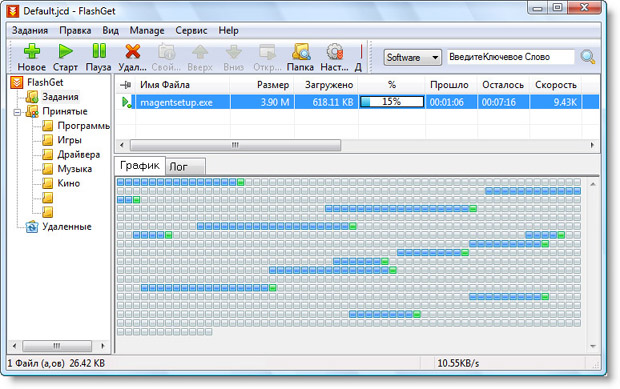 Окно программы FlashGet во время загрузки файла.