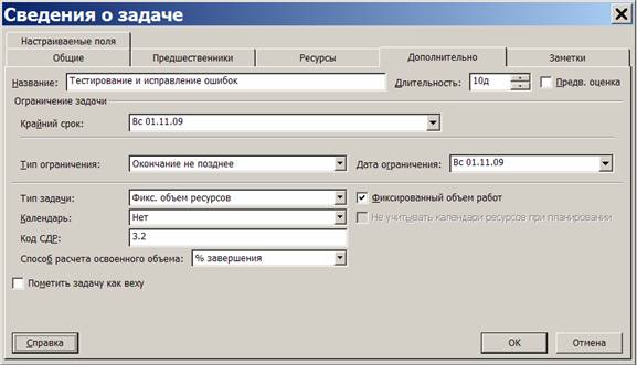  Вкладка Дополнительно окна сведений о задаче 