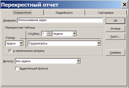  Окно параметров отчета Использование задач 