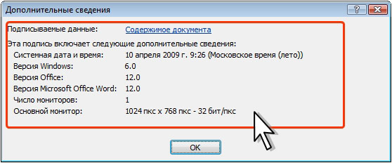 Дополнительные сведения о создаваемой подписи 