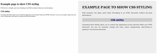 Простой HTML слева, HTML с использованием CSS справа