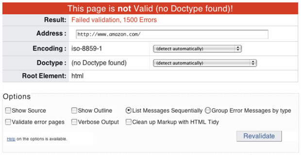 Сайт Amazon.com полностью провалился! Не только используется неправильная разметка, но даже не объявлен тип документа (говорящий, какая используется версия HTML/XHTML)