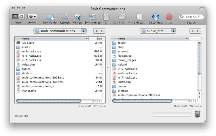 Приложение Transmit, доступное для Mac OS X, является достаточно типичным клиентом FTP с двумя панелями, показывая локальное представление слева и удаленные файлы справа