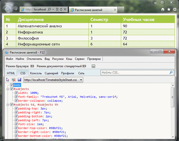 Окно свойств CSS панели инструментов разработчика в IE8