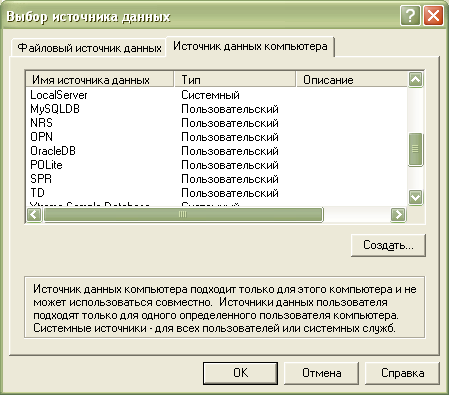 Диалог для выбора источника данных (для ODBC)