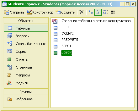 Окно проекта Microsoft Access