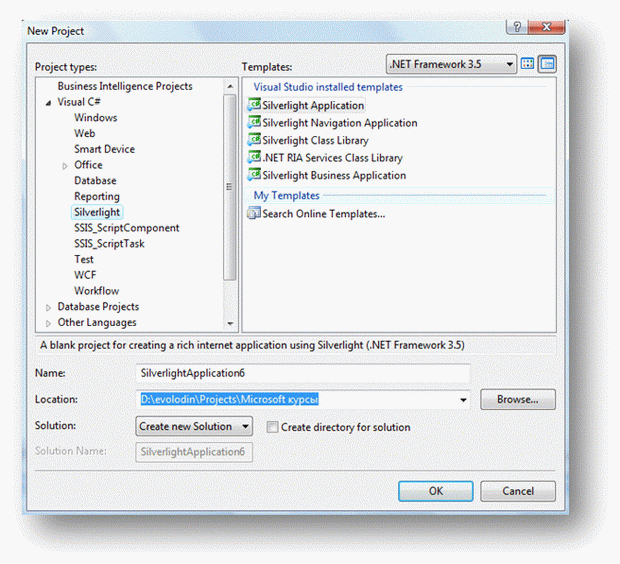 Диалоговое окно New Project Visual Studio 2008
