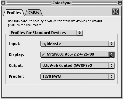 Загрузка профиля монитора (Чтобы заставить Photoshop использовать профиль, созданный утилитой третьей фирмы, выберите его в списке System Profile пульта ColorSync или выберите профиль монитора в панели Color пульта Monitors и затем проверьте, что он правильно представлен в пульте ColorSyn)