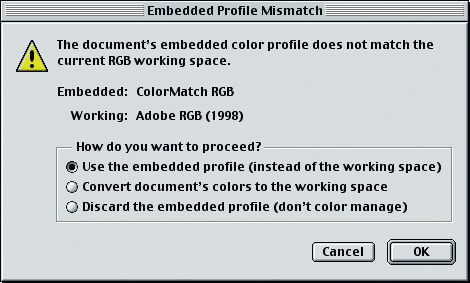 Диалоговое окно Embedded Profile Mismatch (В окне предупреждения Embedded Profile Mismatch предлагается три варианта выбора для работы с изображениями, содержащими несоответствующий профиль)