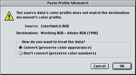 Диалоговое окно Paste Profile Mismatch (Несоответствие профилей при вставке). Это предупреждение позволяет выбирать между вставкой числовых значений и визуально воспринимаемых цветов, представленных этими значениями