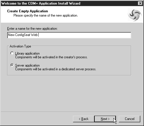Окно Create Empty Application (Создание пустого приложения) мастера установки приложения COM+