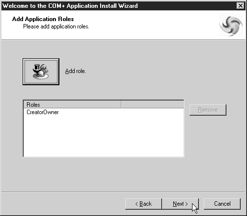 Окно Add Application Roles (Добавление ролей приложения) мастера установки приложения COM+