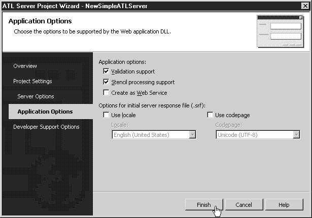 Вкладка Application Options (Параметры приложения)  в мастере проекта сервера ATL