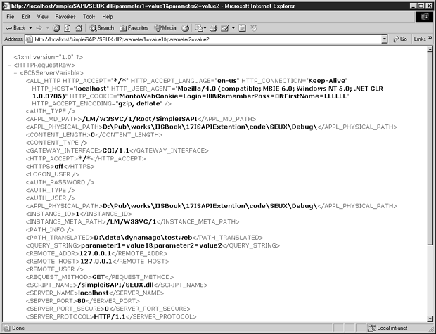 IE 6.0, отображающий документ XML серверных переменных из расширения SEUX ISAPI