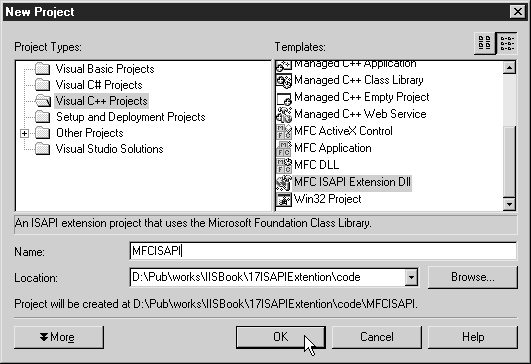 Выбор шаблона проекта MFC ISAPI Extension DLL в Visual Studio .NET